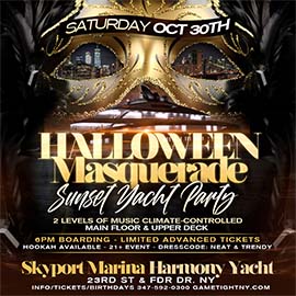 NYC Halloween Masquerade Saturday Sunset Yacht Party Skyport Marina Harmony